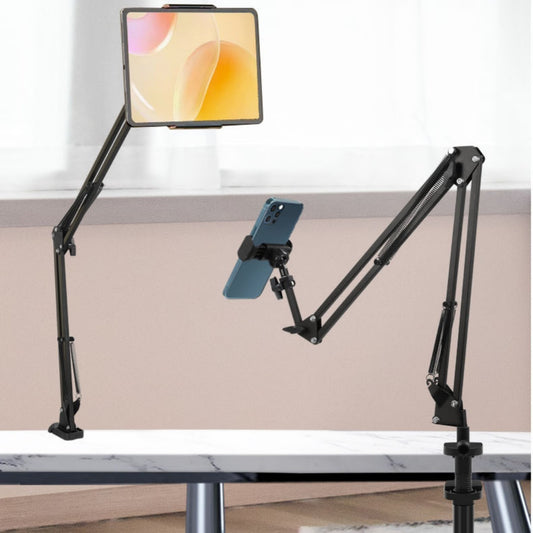 Adjustable desk mount holding a tablet and phone on a desk with a neutral background