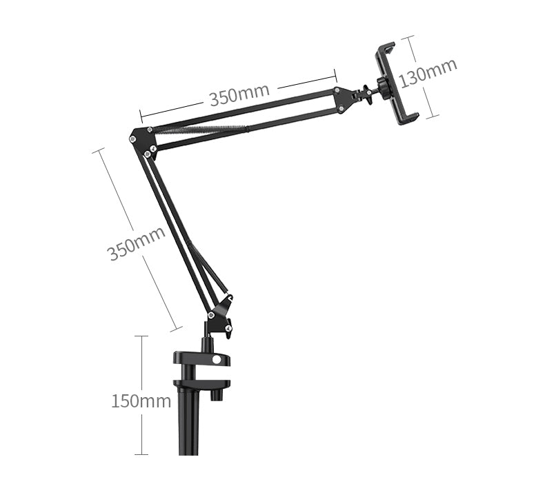 Black adjustable arm stand with measurements on a white background
