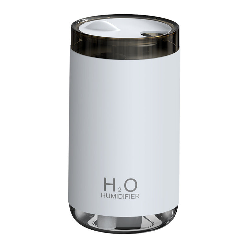 White cylindrical humidifier with 'H2O' branding on a white background