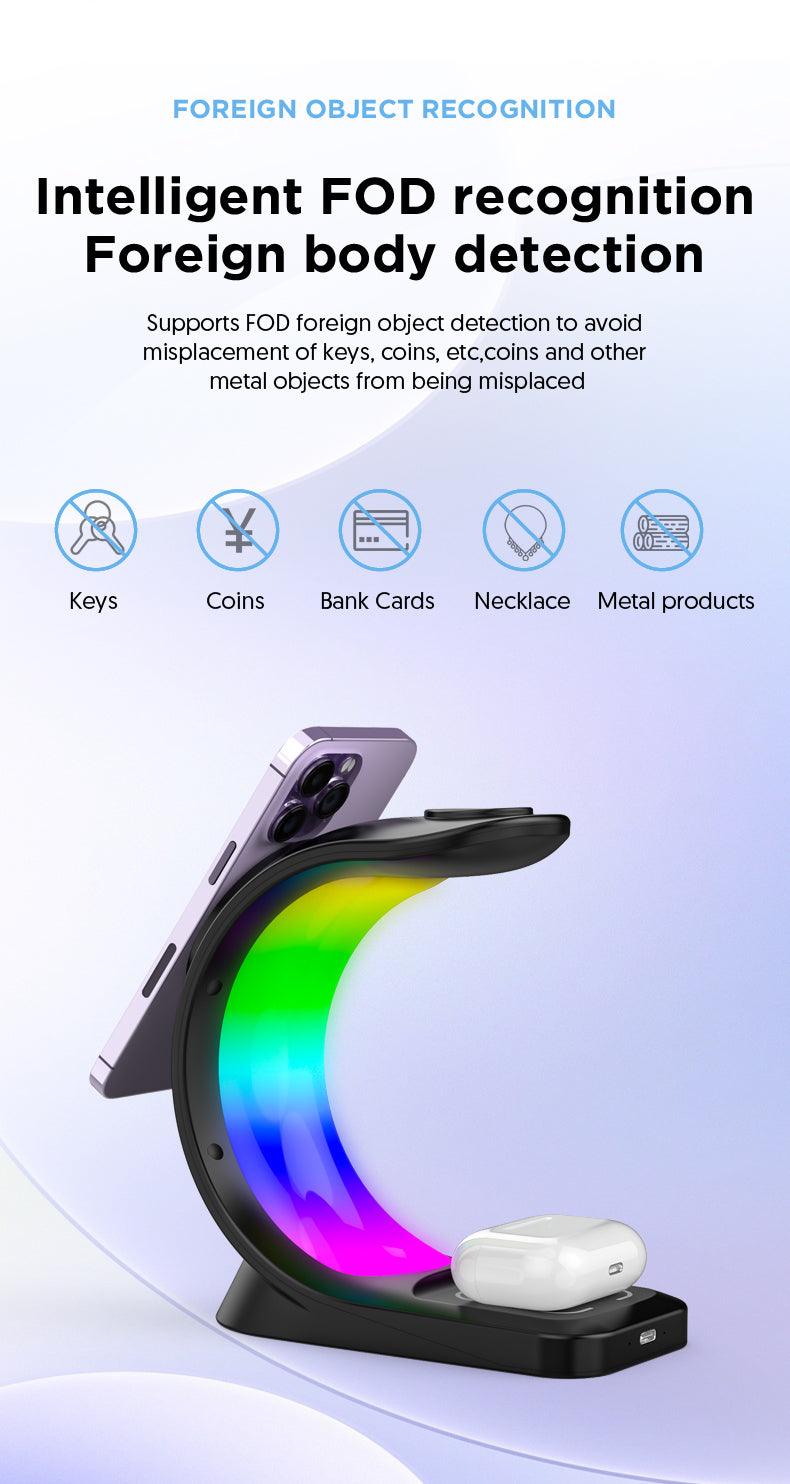 Product with rainbow light display on a white background, featuring text about foreign object detection.