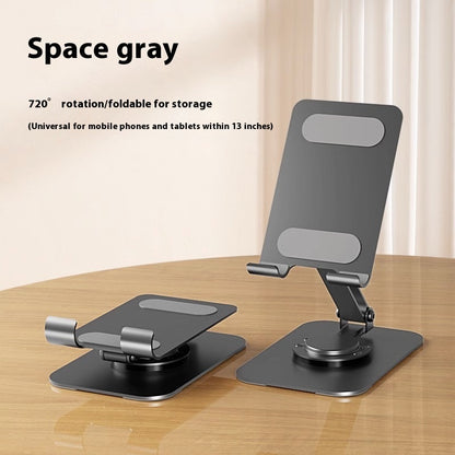 Space gray phone stand on a wooden surface with text indicating rotation and foldable features.