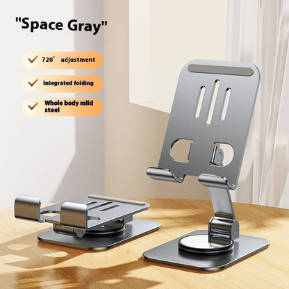 Space gray phone holder on a wooden surface with product features listed.
