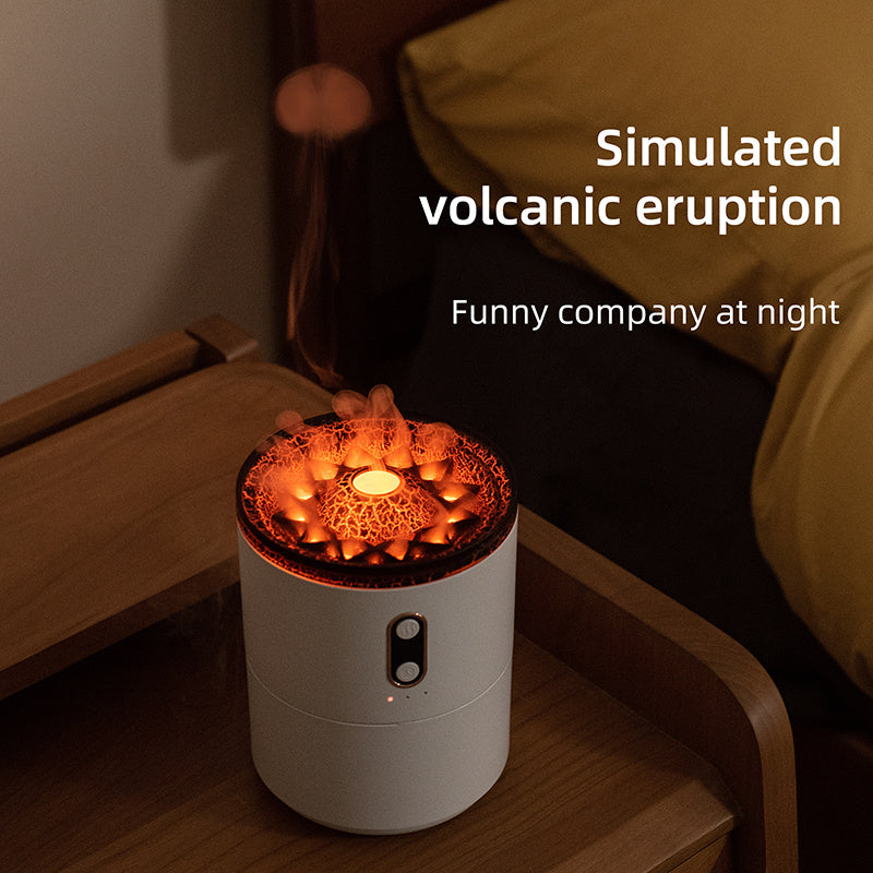 Luminescent lamp on a bedside table with text 'Simulated volcanic eruption' and 'Funny company at night'.