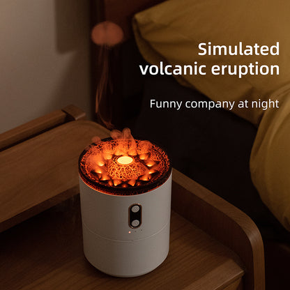 Luminescent lamp on a bedside table with text 'Simulated volcanic eruption' and 'Funny company at night'.