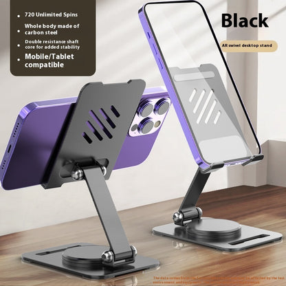Black phone stand with purple phone on a wooden surface