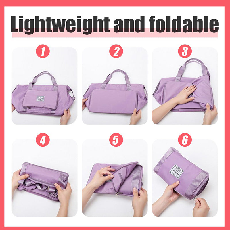 Step-by-step process of folding a purple bag with text 'Lightweight and foldable' on a pink border.