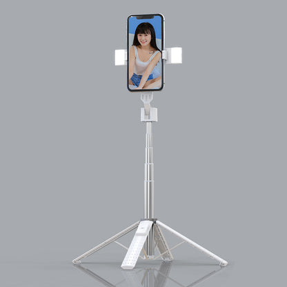 Phone holder with a smartphone displaying a woman's face on a gray background