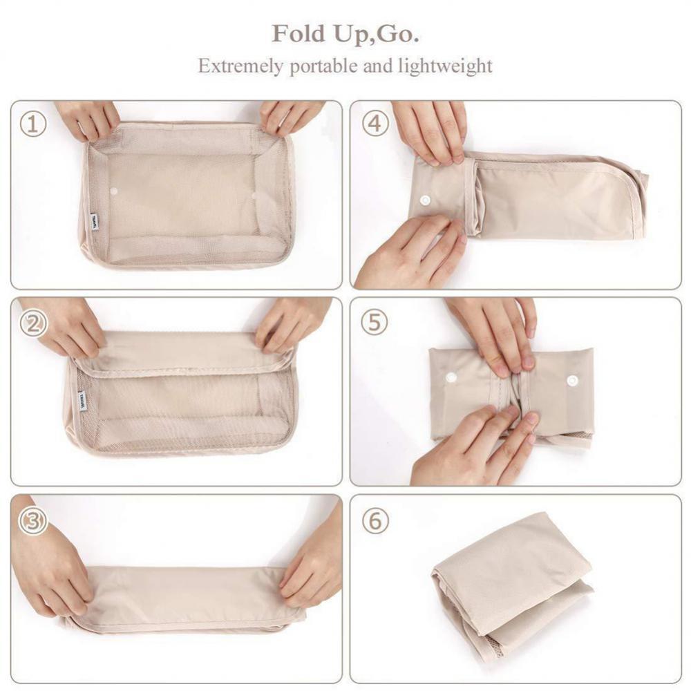 Step-by-step process of folding a beige fabric pouch on a white background.