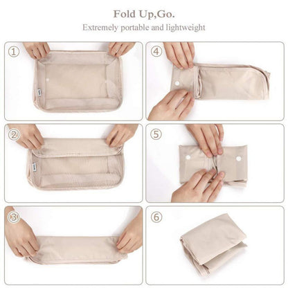 Step-by-step process of folding a beige fabric pouch on a white background.