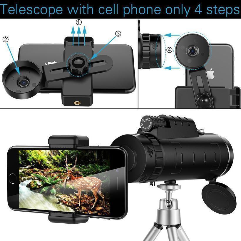 Telescope with smartphone mount and tripod, showing assembly steps and live view on phone screen.