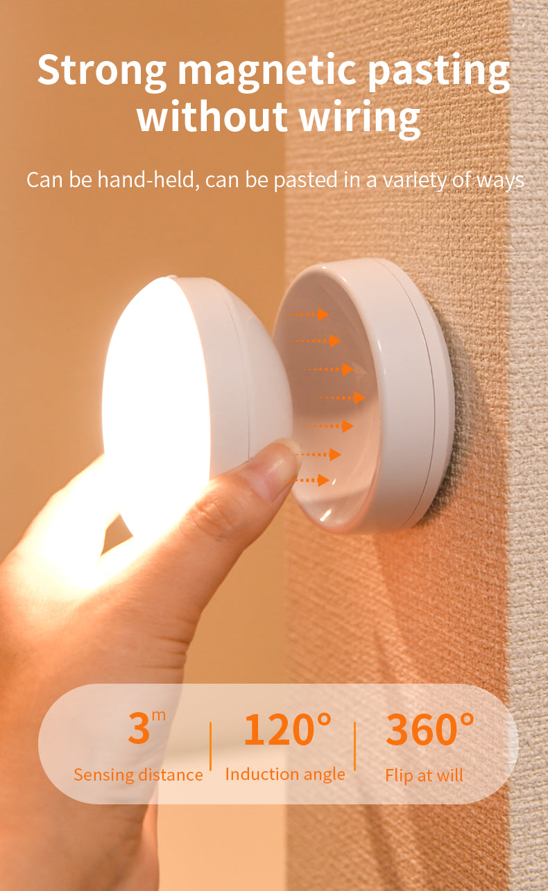 Hand-held magnetic light fixture with text on a beige background