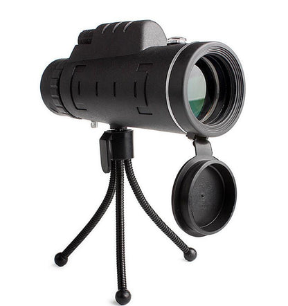 Black monocular with a tripod on a white background