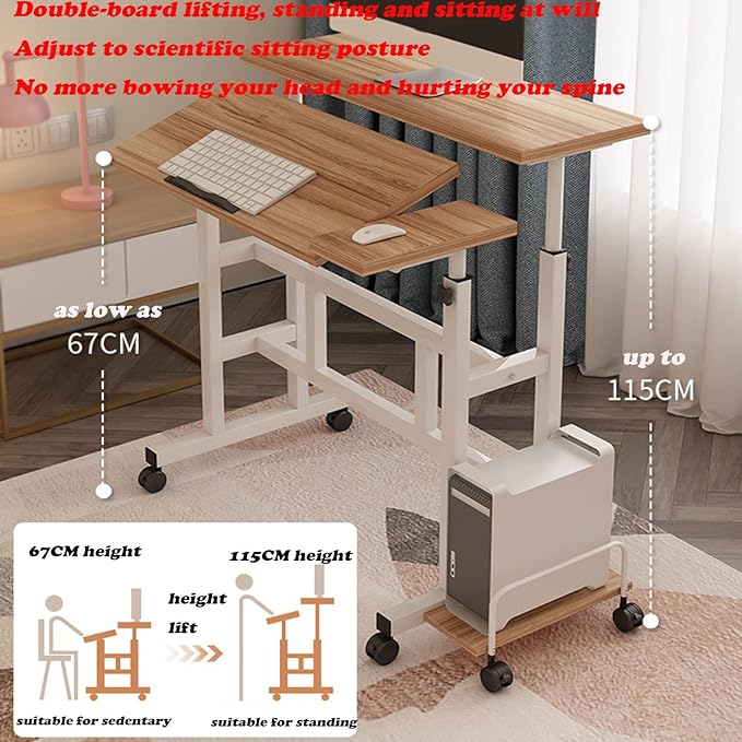 Portable bed side table with movable roller and adjustable height in a bedroom setting.