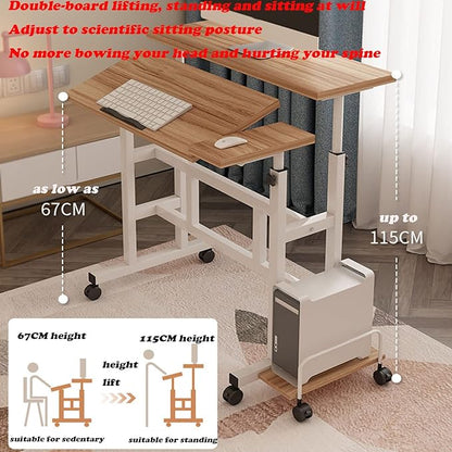 Portable bed side table with movable roller and adjustable height in a bedroom setting.
