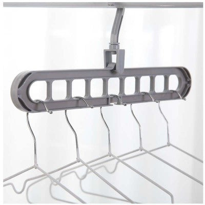 Gray multi-hook hanger on a white background