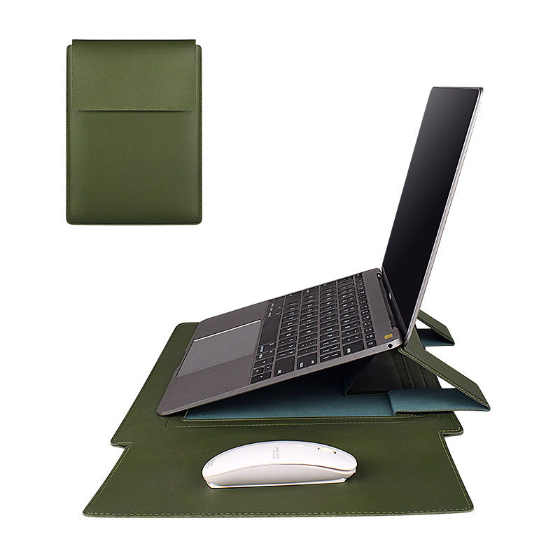 Green leather laptop stand with a laptop, mouse, and pouch on a white background