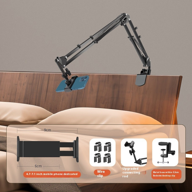 Headboard with adjustable arm stand and additional features displayed below on a gray background