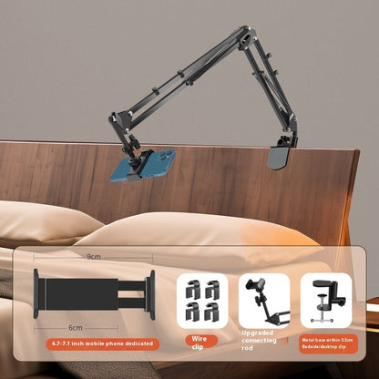 Headboard with adjustable arm stand and additional features displayed below on a gray background