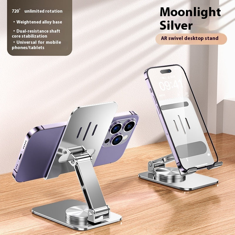 Moonlight silver AR swivel desktop stand with smartphone and tablet on a wooden surface