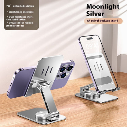 Moonlight silver AR swivel desktop stand with smartphone and tablet on a wooden surface