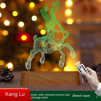 3D deer lamp with remote control on a wooden base against a blurred festive background.