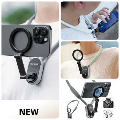 Collage of a phone holder with Telesin branding, showing its use on a phone and around a neck.