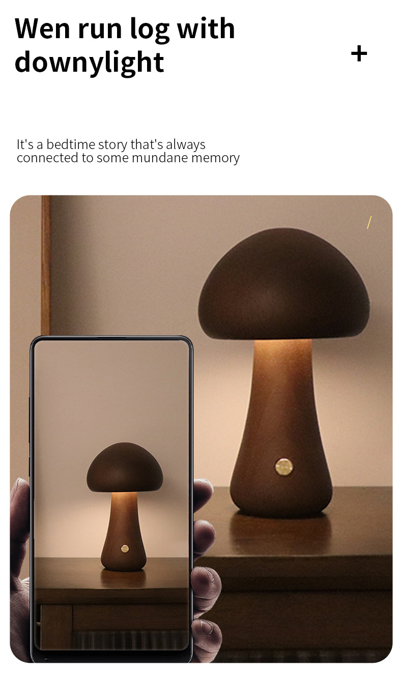 Mushroom-shaped lamp on a table with a smartphone displaying the same image.