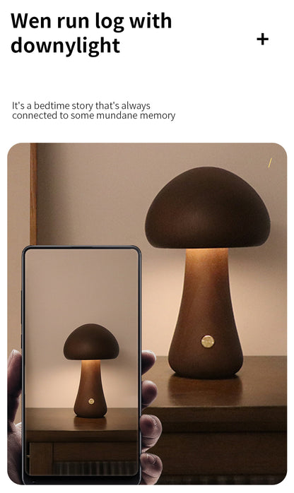 Mushroom-shaped lamp on a table with a smartphone displaying the same image.