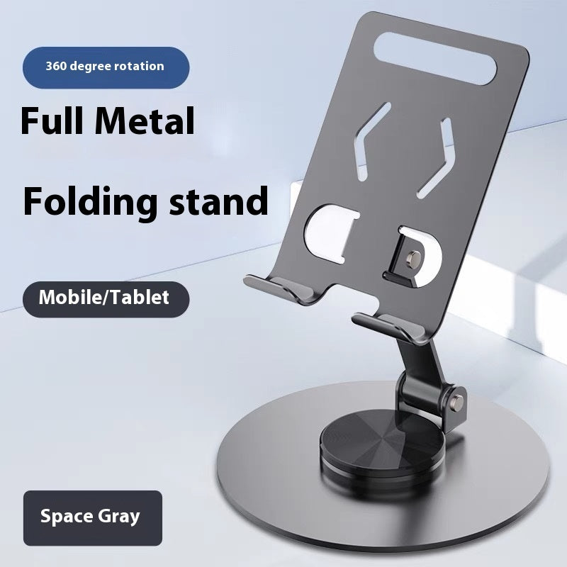 Space gray full metal folding stand with 360 degree rotation on a light blue background