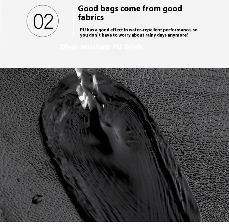 Text about water-repellent performance of PU coating on fabric with close-up of water droplet.