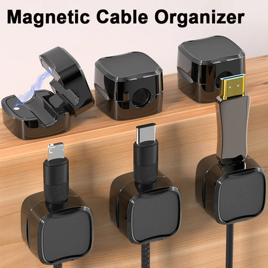 Magnetic cable organizer with various cable ends on a wooden surface