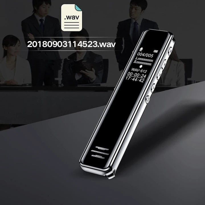 Digital voice recorder on a dark surface with a blurred background of people in a meeting.