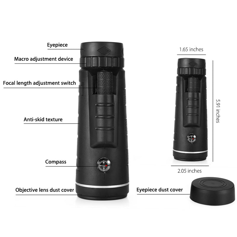 Black monocular with labeled parts and dimensions on a white background