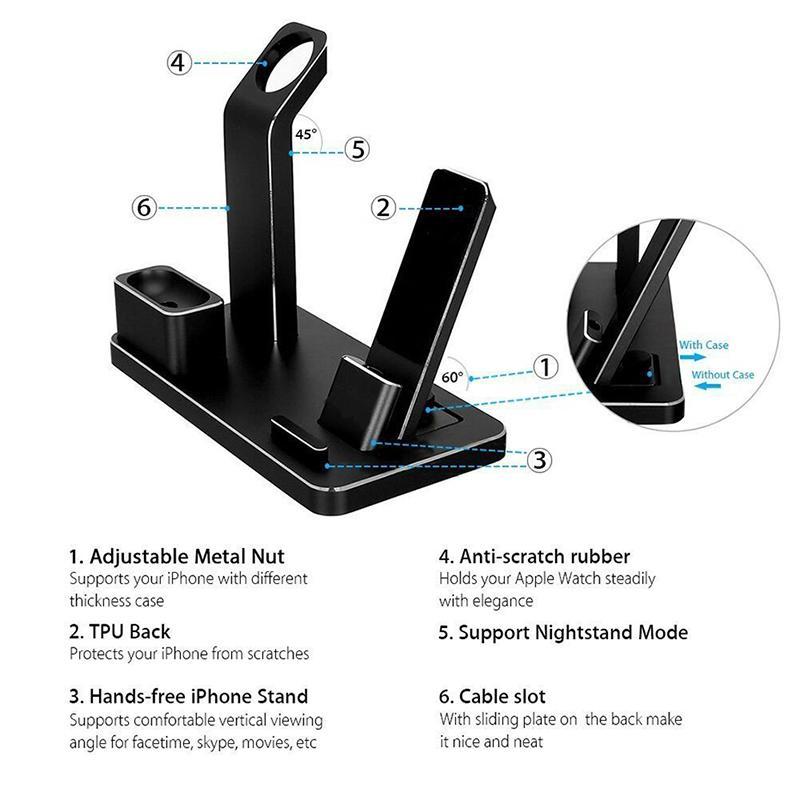 Phone stand with features labeled on a white background