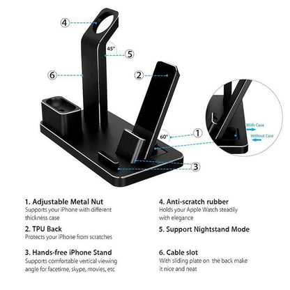 Phone stand with features labeled on a white background
