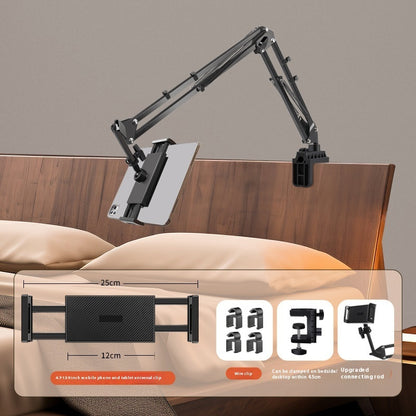 Flexible arm monitor stand with adjustable arm and bracket on a bed.