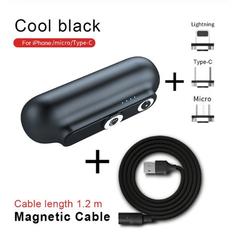 Black magnetic cable and charging device with compatibility icons on a white background