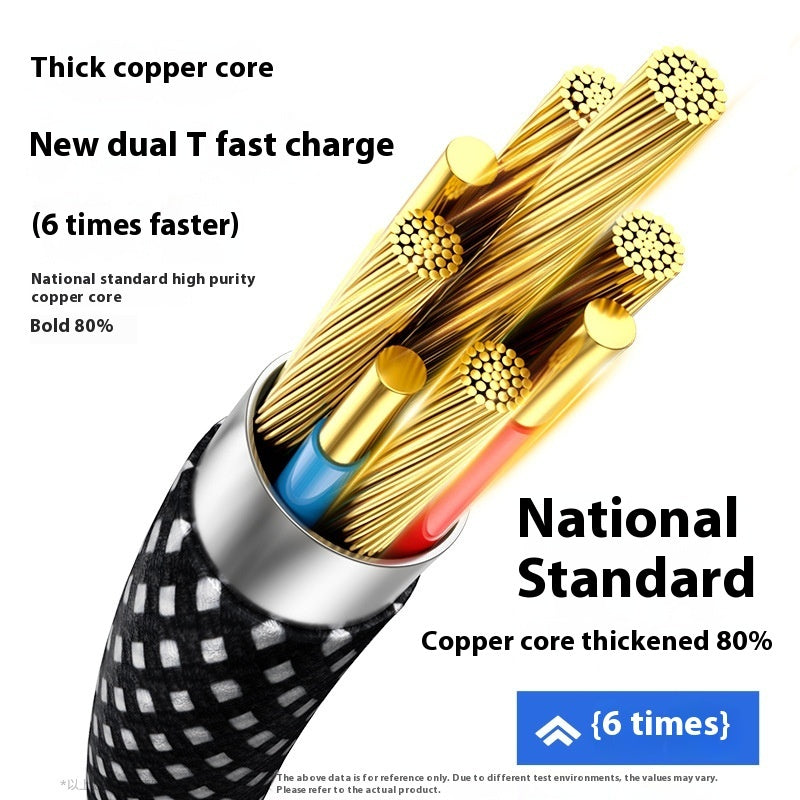 Cable with thick copper core and dual T fast charge feature on a white background