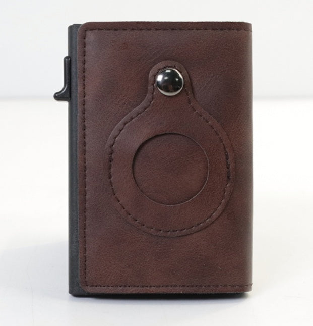 Brown leather case with circular design on a white background