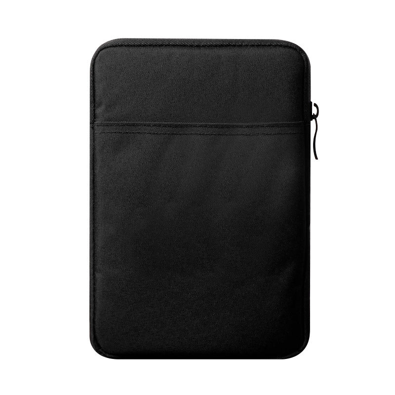 Black fabric pouch with a phone and earphones on a white background