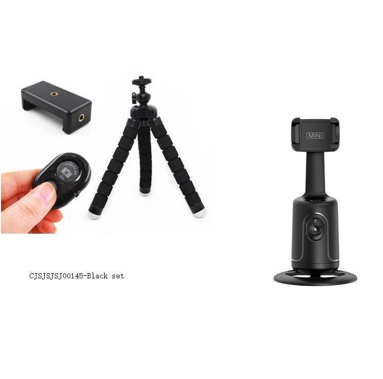 Black camera accessories including a remote control, tripod, and holder on a white background.