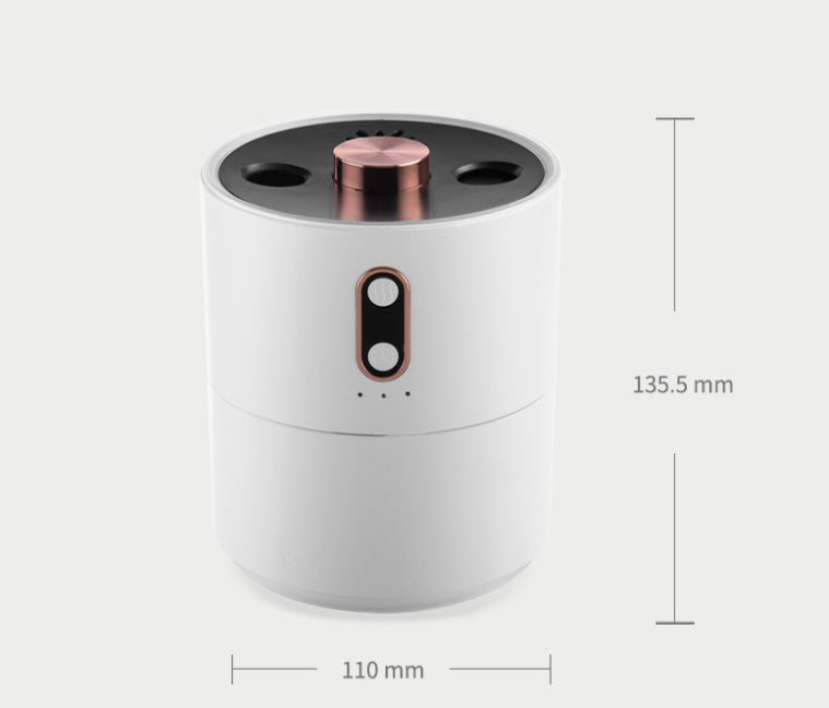 White cylindrical device with copper accents and dimensions labeled on a white background