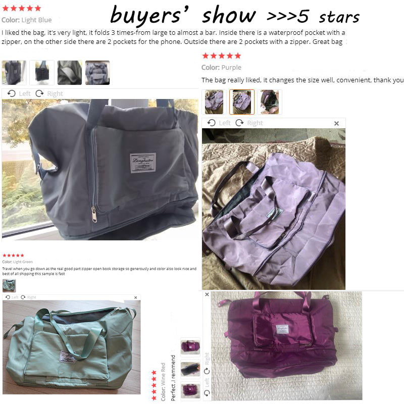Collage of bags with product images and positive reviews on a white background