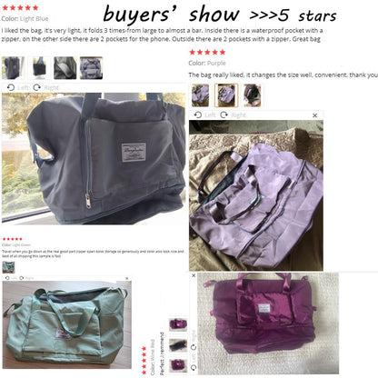 Collage of bags with product images and positive reviews on a white background