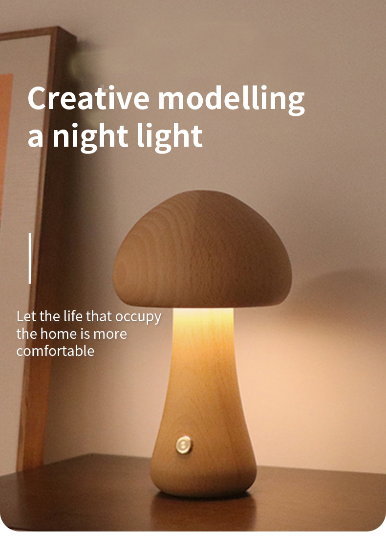 Wooden mushroom-shaped night light on a shelf with text about comfort and creativity.