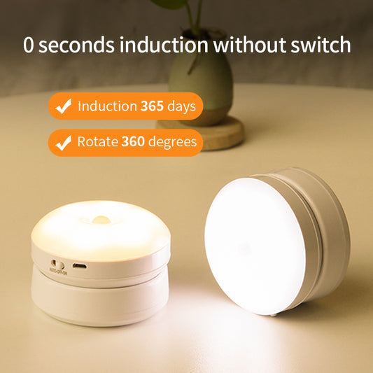 Two white cylindrical lights on a beige surface with text about induction and rotation.
