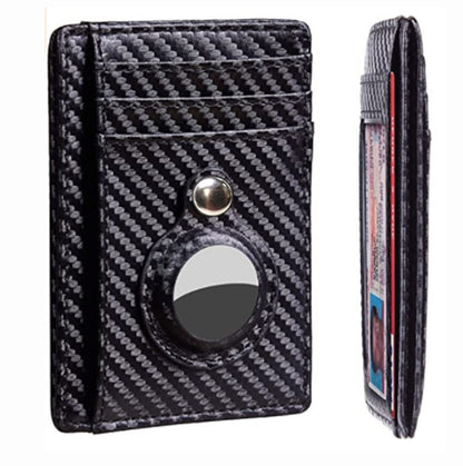 Carbon fiber patterned cardholder with a button on a white background