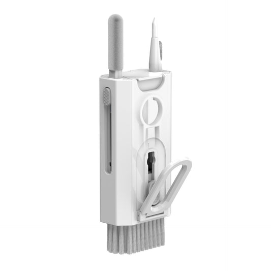White kitchen brush with bristle head and handle on a white background