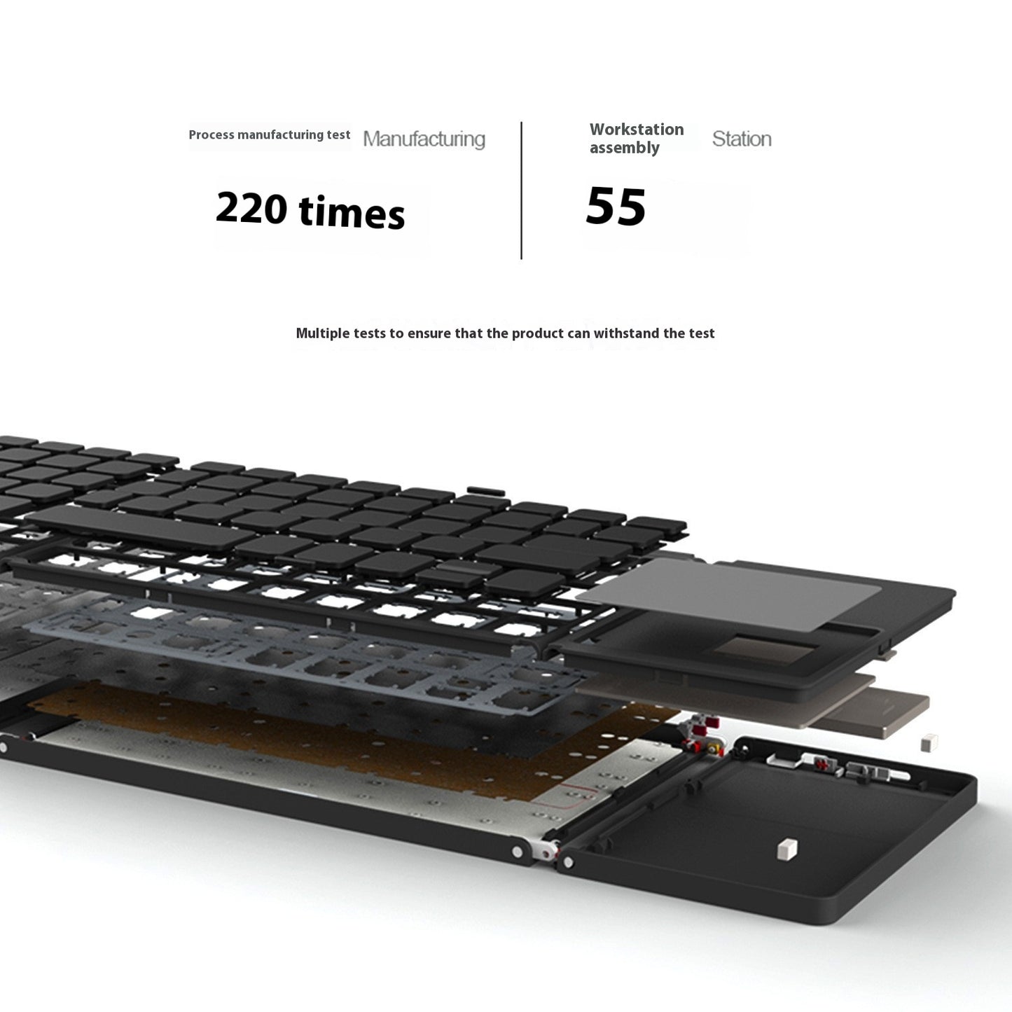 Disassembled keyboard with text on a white background