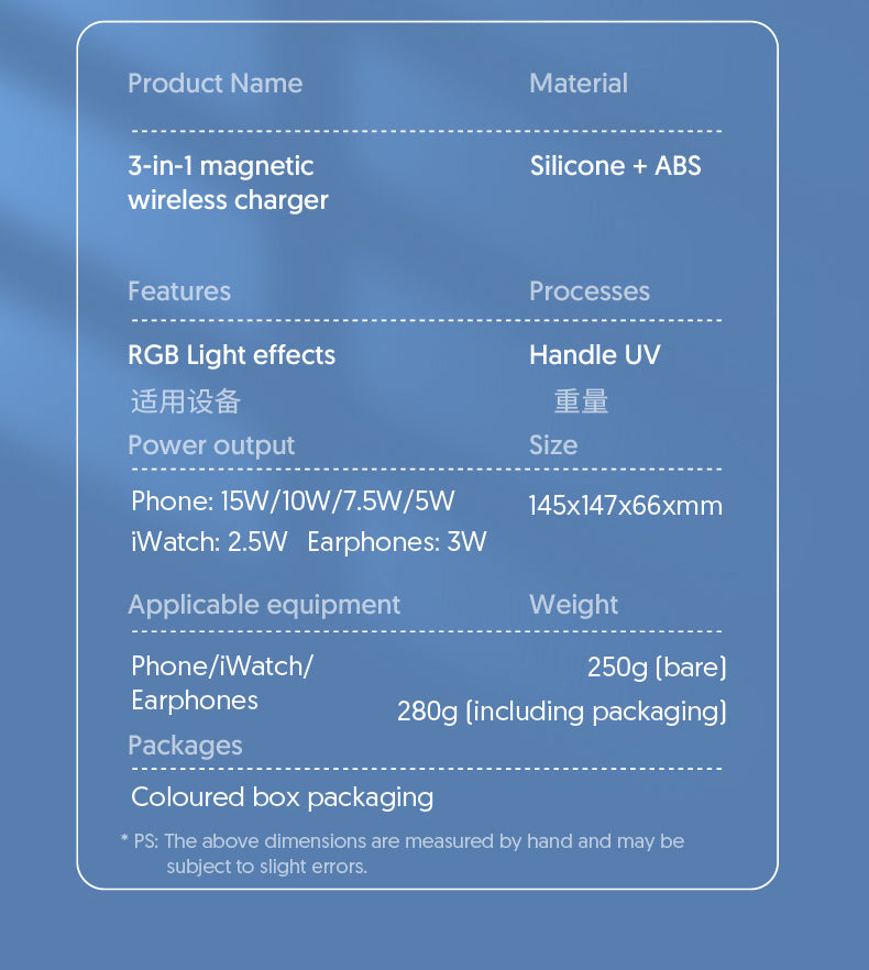 Product details of a 3-in-1 magnetic wireless charger on a blue background